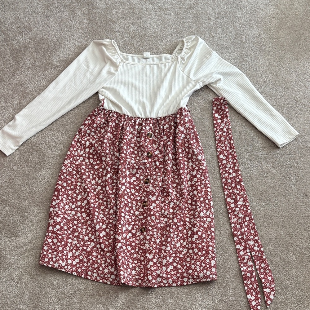 Floral Red and White Kids Dress with a Floral Red Belt